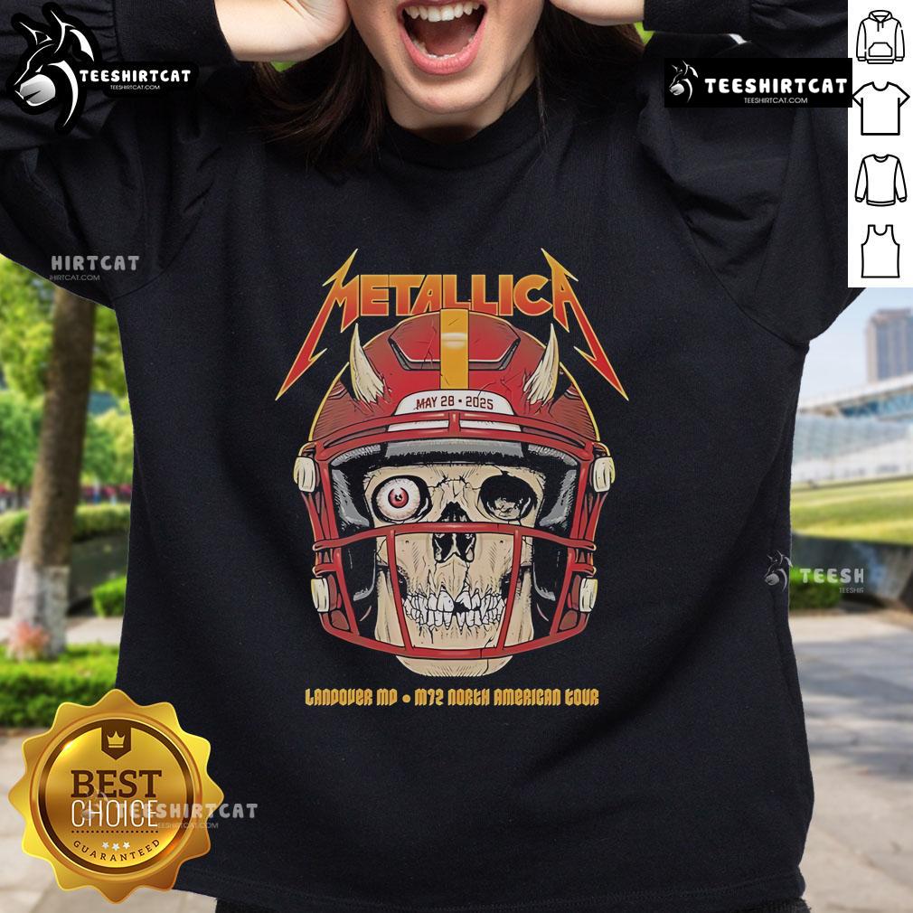 Official Metallica May 28, 2025 Landover M72 North American Tour sweatshirt featuring iconic band logo and tour details.