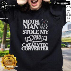 Official Mothman Stole My Catalytic Converter Sweatshirt in black, featuring a whimsical Mothman graphic design.