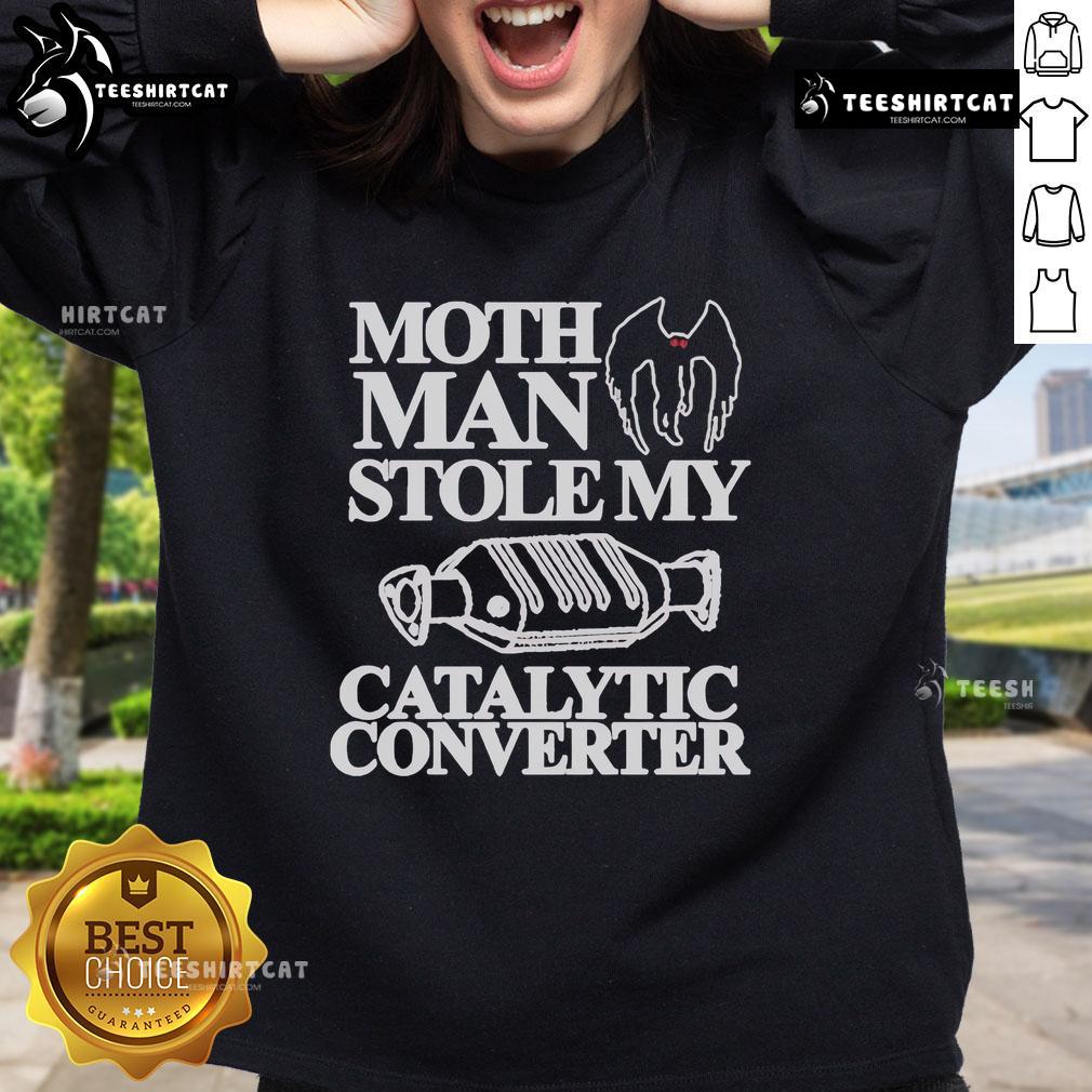 Official Mothman Stole My Catalytic Converter Sweatshirt in black, featuring a whimsical Mothman graphic design.