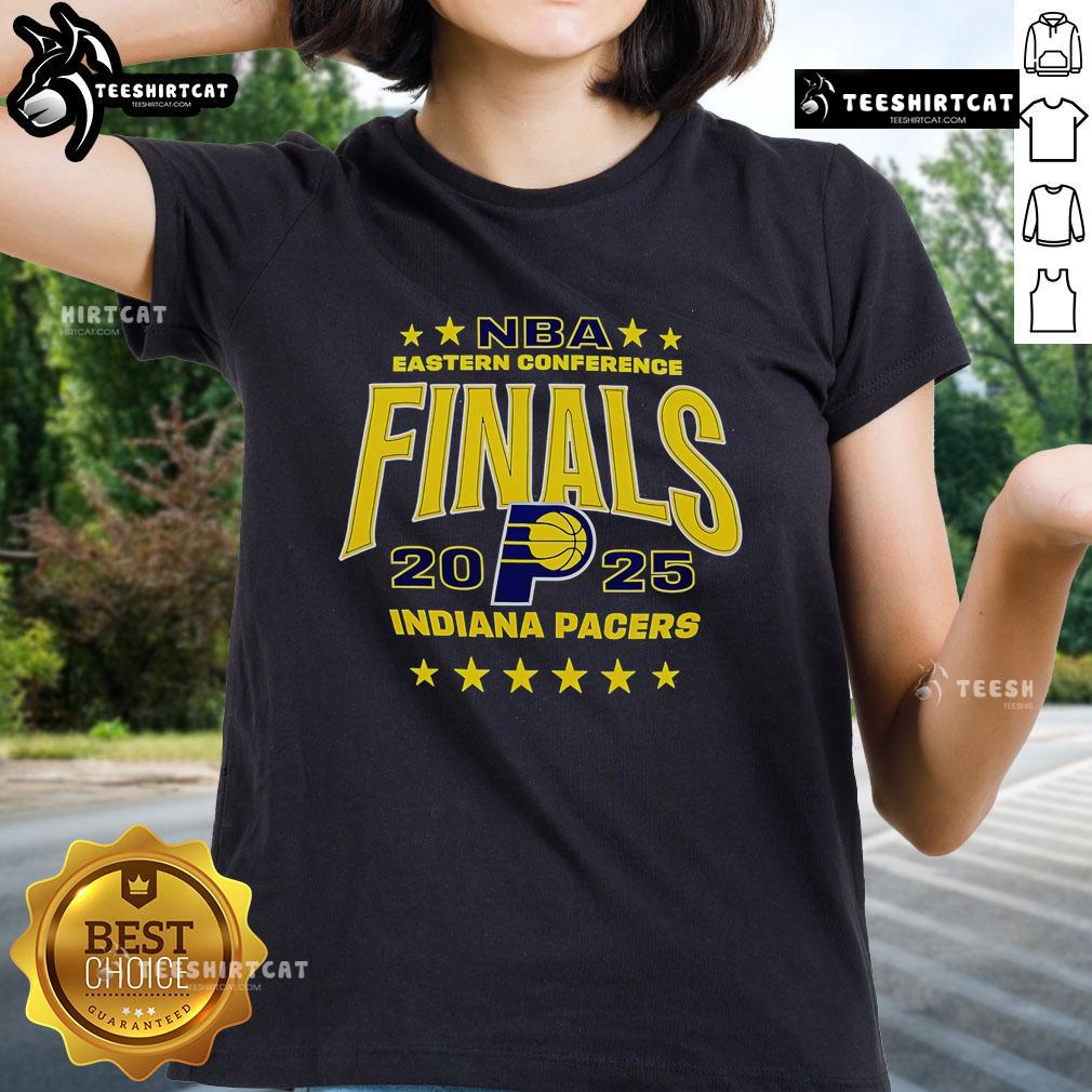 Alt Text: 2025 NBA Eastern Conference Finals Indiana Pacers ladies tee, featuring team colors and logo, perfect for fans.