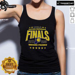 Alt Text: 2025 Indiana Pacers tank top featuring official NBA Eastern Conference Finals logo, perfect for fans and warm weather.