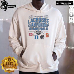 Alt Text: Official NCAA Division II Men's Lacrosse Championship Semifinals 2025 hoodie featuring team logos and vibrant colors.