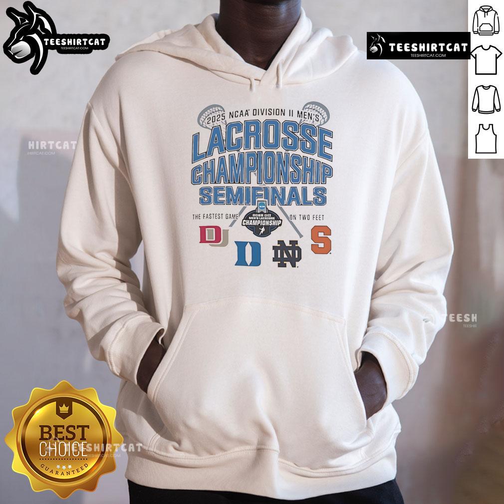 Alt Text: Official NCAA Division II Men's Lacrosse Championship Semifinals 2025 hoodie featuring team logos and vibrant colors.