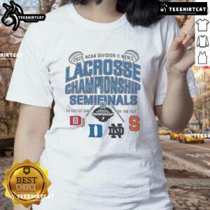 Alt Text: Official NCAA Division II Men's Lacrosse Championship Semifinals 2025 Ladies Tee featuring team logos and vibrant design.