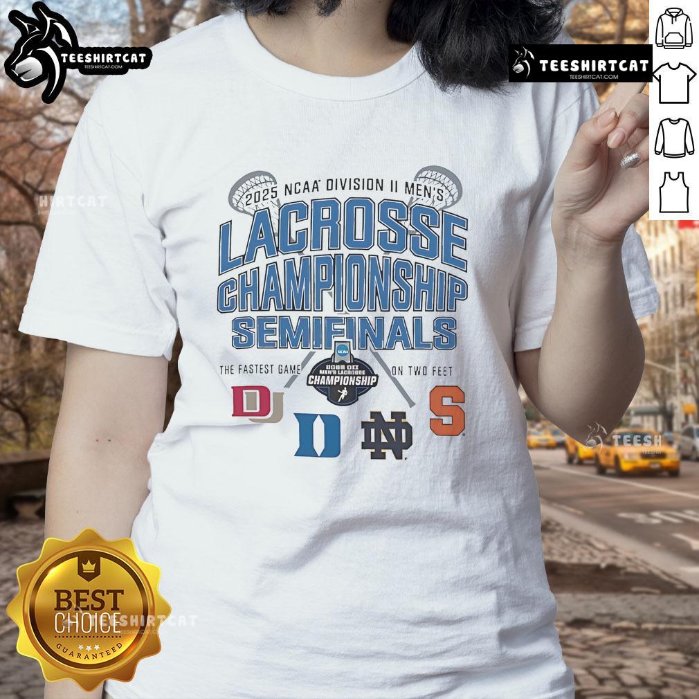 Alt Text: Official NCAA Division II Men's Lacrosse Championship Semifinals 2025 Ladies Tee featuring team logos and vibrant design.