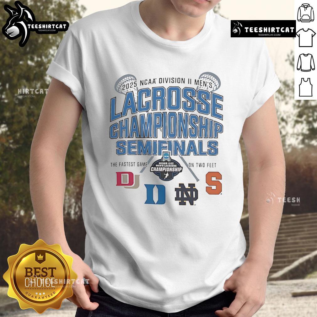 Official NCAA Division II Men's Lacrosse Championship Semifinals 2025 T-Shirt featuring team logos and event details.