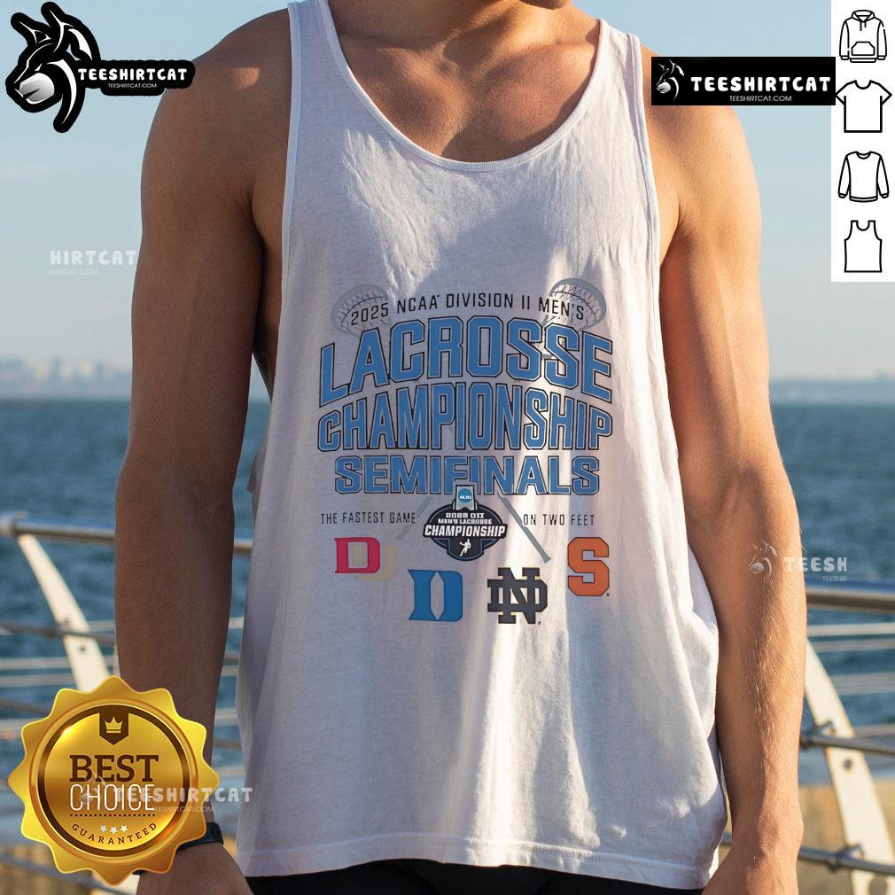 2025 NCAA Division II Men's Lacrosse Championship Semifinals tank top featuring team logos and vibrant colors.