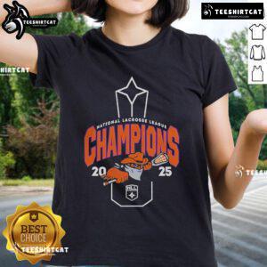 Alt Text: Buffalo Bandits 2025 NLL Cup Champions ladies tee showcasing team pride and vibrant design for fans.