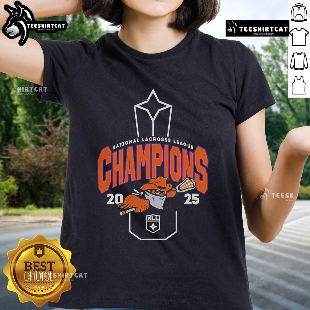 Alt Text: Buffalo Bandits 2025 NLL Cup Champions ladies tee showcasing team pride and vibrant design for fans.