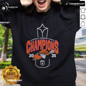 Official NLL Buffalo Bandits 2025 NLL Cup Champions sweatshirt featuring team logo and champion design.