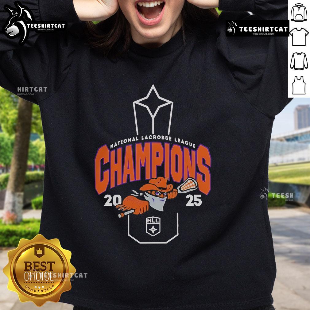 Official NLL Buffalo Bandits 2025 NLL Cup Champions sweatshirt featuring team logo and champion design.