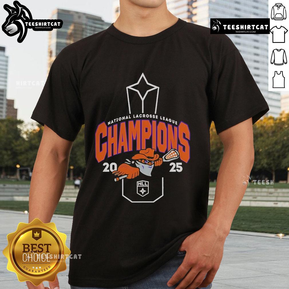 Official NLL Buffalo Bandits 2025 NLL Cup Champions T-Shirt featuring team logo and celebratory graphics.