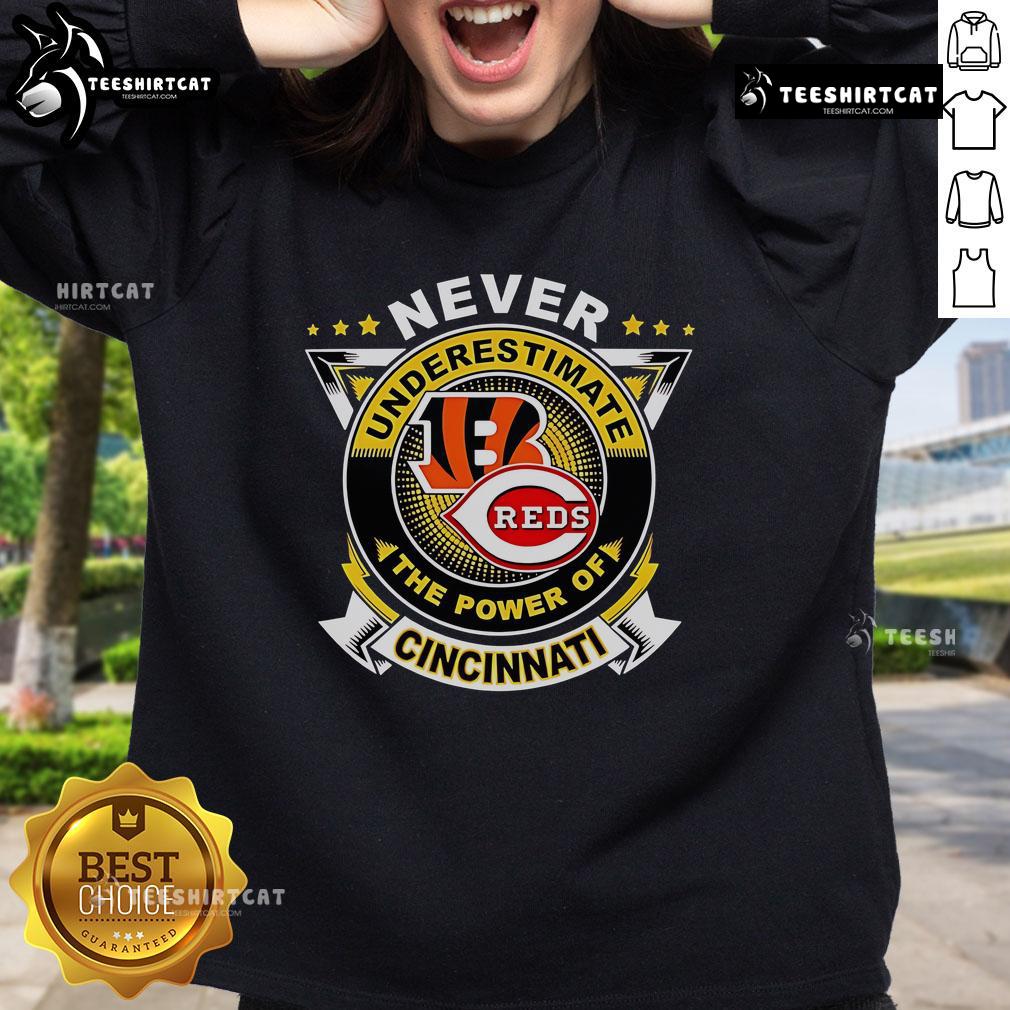 Official Cincinnati Sports sweatshirt with 'Never Underestimate The Power' slogan, perfect for fans and casual wear.