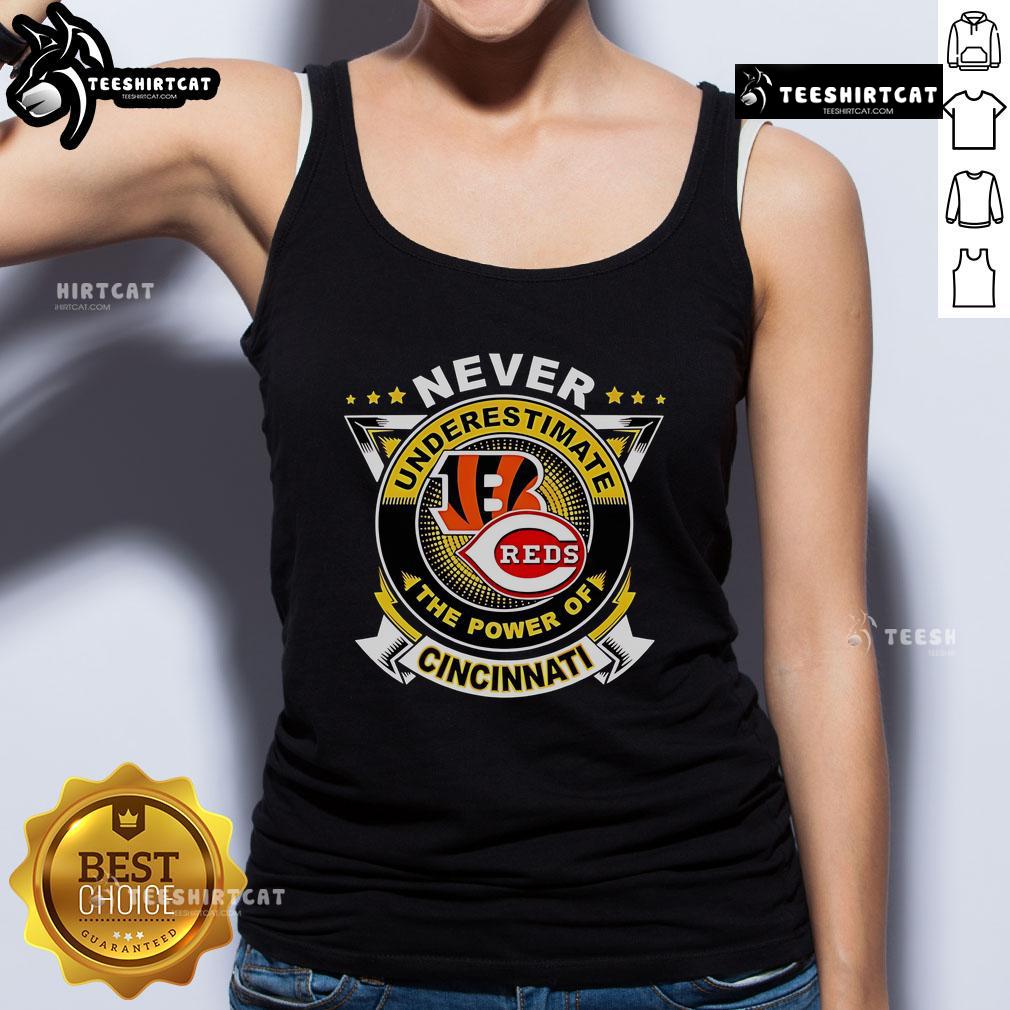 Official Cincinnati Sports tank top featuring 'Never Underestimate The Power' slogan in vibrant colors.
