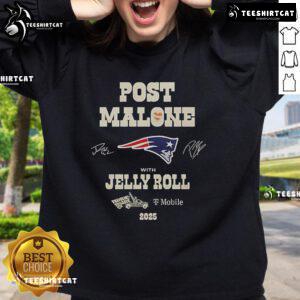 Official New England Patriots Post Malone with Jekky Roll 2025 sweatshirt featuring bold team logo and vibrant design.