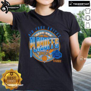 Official New York Knicks Basketball 2025 Playoffs Game Day Ladies Tee featuring team colors and logo design.