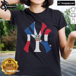 Alt Text: Official New York Yankees Dominican Republic Flag Logo Ladies Tee showcasing team pride and cultural heritage.