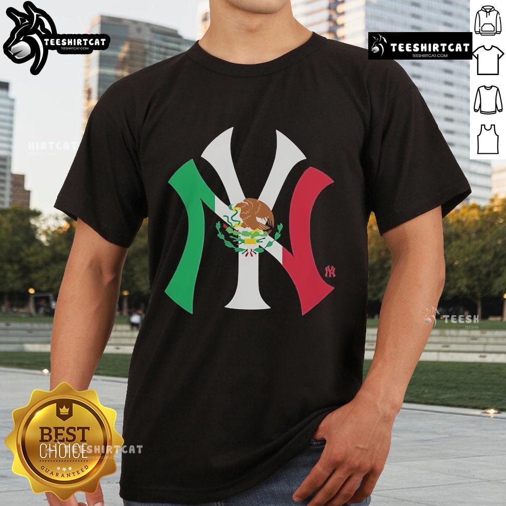 Alt Text: Official New York Yankees Mexican Flag Logo T-Shirt featuring vibrant colors and iconic team branding.