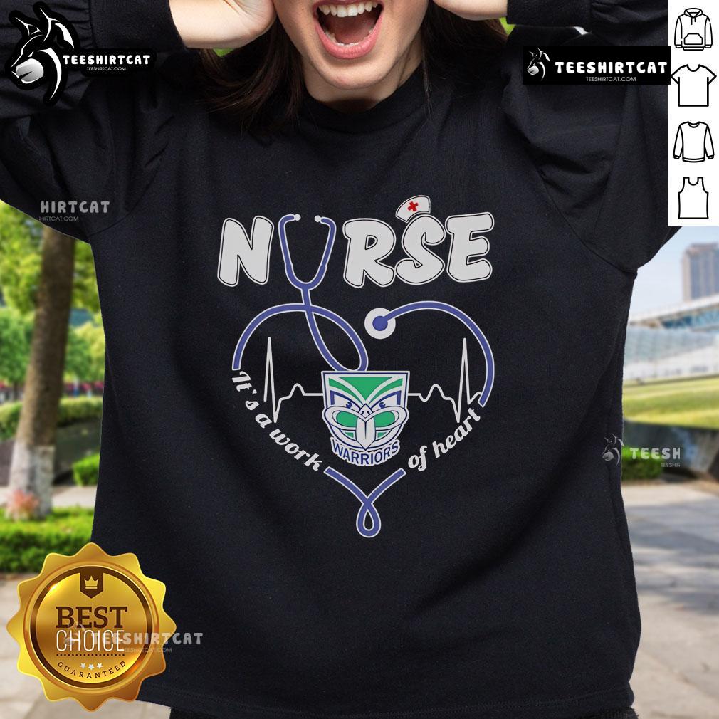 Official New Zealand Warriors Nurse sweatshirt showcasing 'It's A Work Of Heart' design, perfect for fans and healthcare workers.