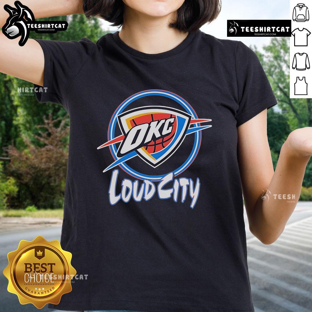 Official OKC Thunder Neon Loud City Ladies Tee featuring vibrant colors and a stylish design for fans.