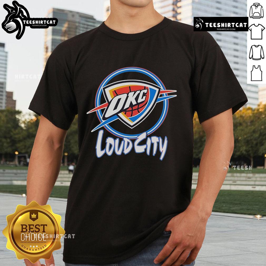 Alt Text: Official OKC Thunder Neon Loud City T-Shirt featuring vibrant colors and team logo, perfect for fans and game day.