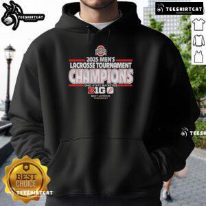 Official Ohio State Buckeyes 2025 Men's Lacrosse Tournament Champs Hoodie in scarlet and gray with logo detail.