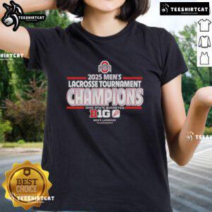 Ohio State Buckeyes 2025 Men's Lacrosse Tournament Champs ladies tee featuring team logo and vibrant design.