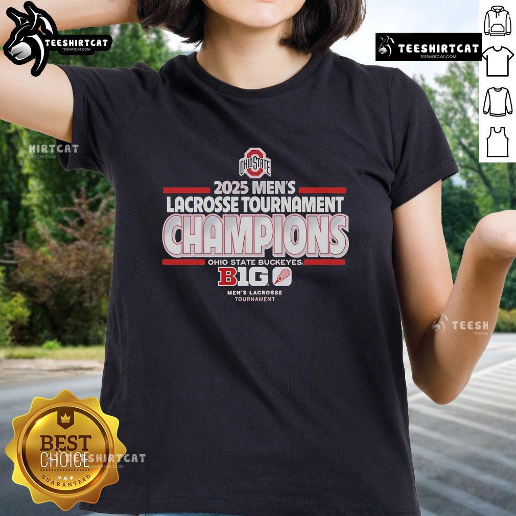 Ohio State Buckeyes 2025 Men's Lacrosse Tournament Champs ladies tee featuring team logo and vibrant design.
