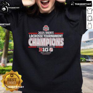 Alt Text: Official Ohio State Buckeyes 2025 Men's Lacrosse Tournament Champs sweatshirt in scarlet and gray, showcasing team pride.