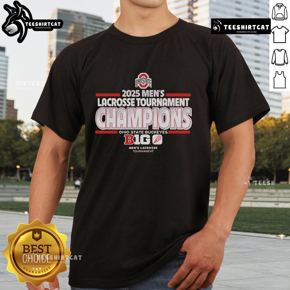 Official Ohio State Buckeyes 2025 Men's Lacrosse Tournament Champs T-Shirt featuring team colors and logo design.