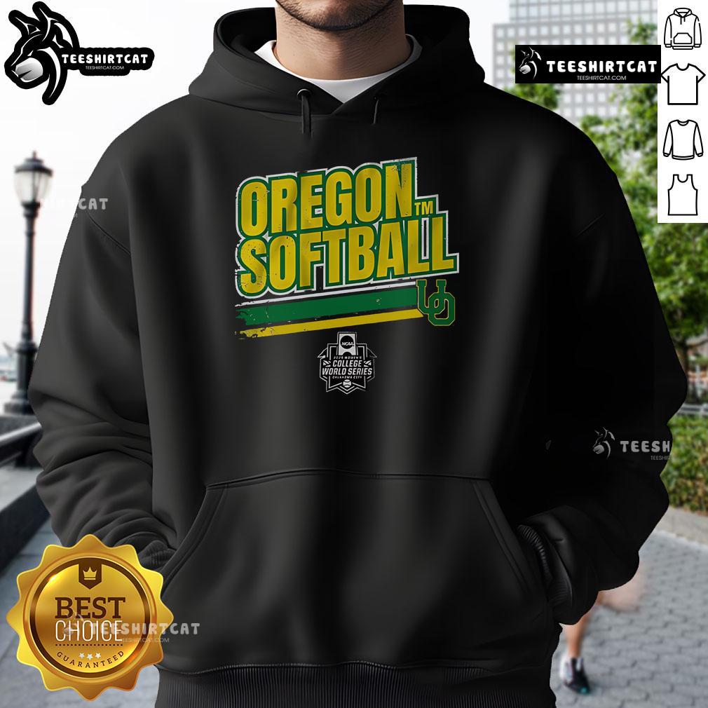 Alt Text: Official Oregon Softball Women's College World Series stripe hoodie, featuring team colors and logo, perfect for fans.