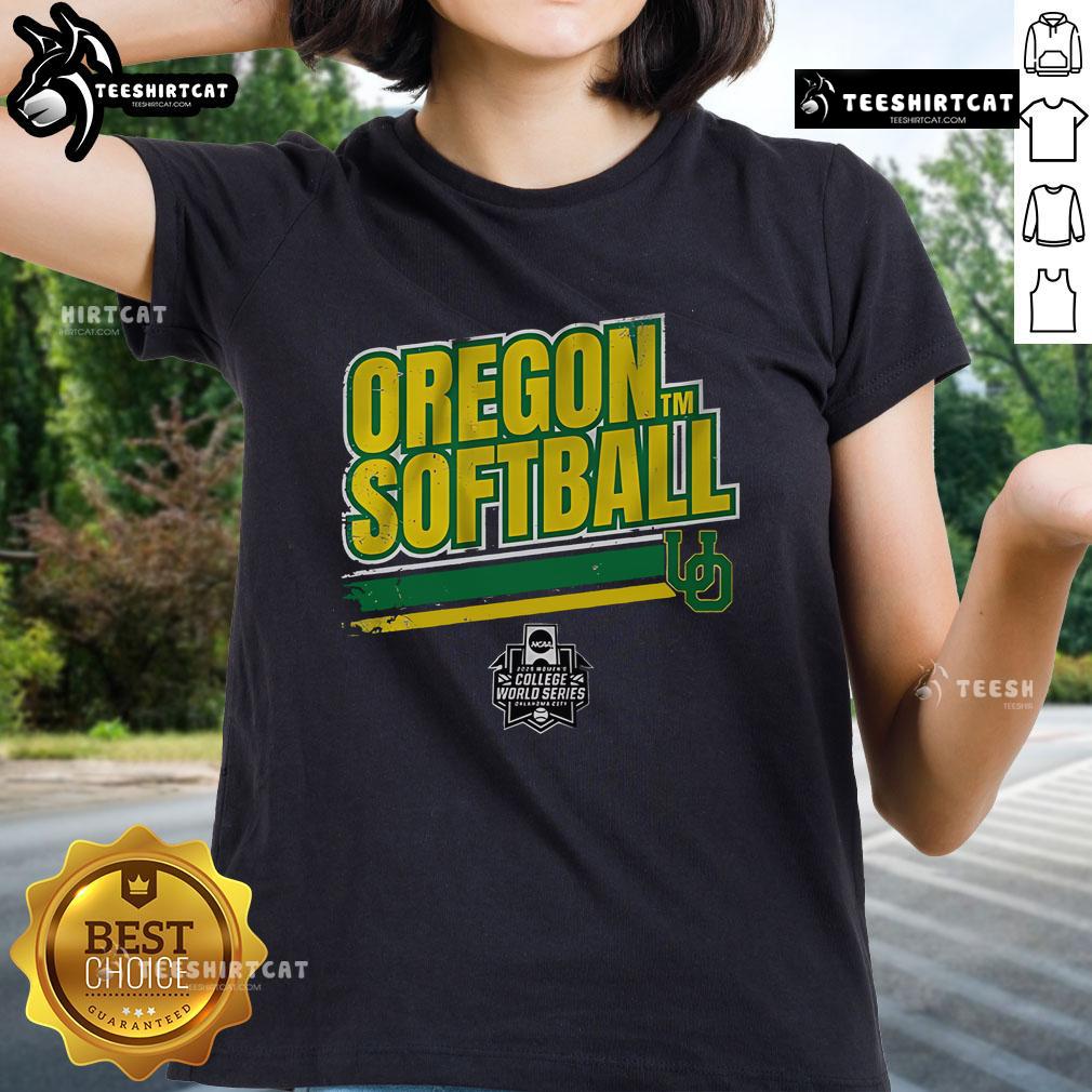 Alt Text: Official Oregon Softball Women's College World Series Stripe Ladies Tee showcasing team spirit and style.