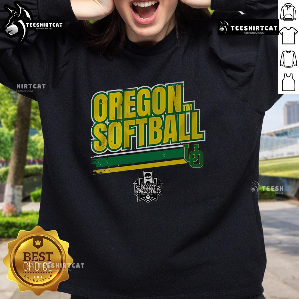 Official Oregon Softball Women's College World Series Stripe Sweatshirt in green and yellow, perfect for fans and athletes.