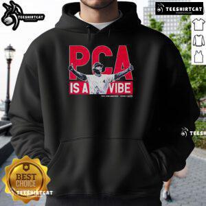 Alt Text: Pete Crow Armstrong in Official PCA Is A Vibe MLBPA Hoodie, showcasing a stylish sportswear look for fans.