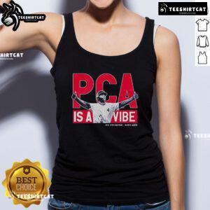 Alt Text: Pete Crow-Armstrong wearing an Official PCA Is A Vibe tank top at an MLBPA event, showcasing team spirit and style.