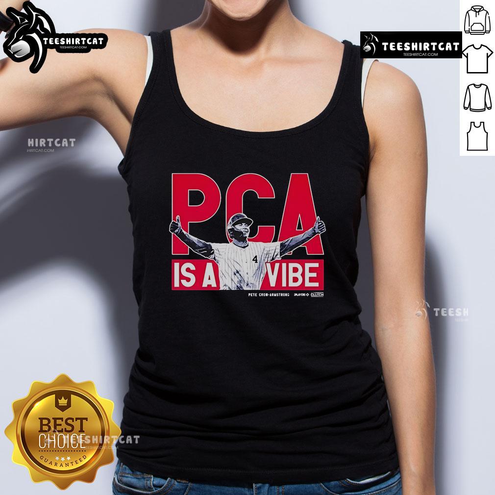 Alt Text: Pete Crow-Armstrong wearing an Official PCA Is A Vibe tank top at an MLBPA event, showcasing team spirit and style.