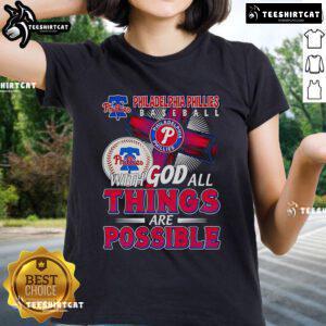 Official Philadelphia Phillies baseball tee for women featuring 'With God, All Things Are Possible' design.
