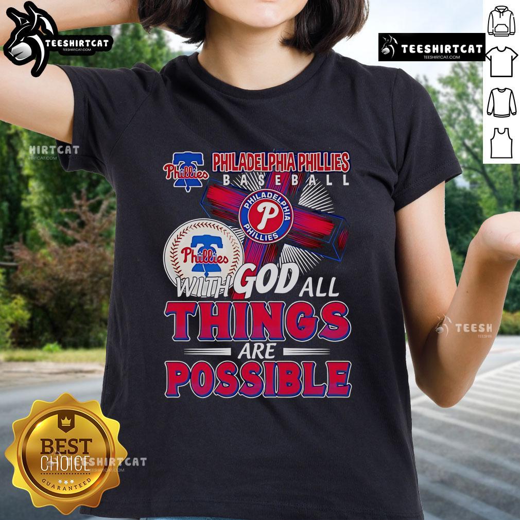 Official Philadelphia Phillies baseball tee for women featuring 'With God, All Things Are Possible' design.