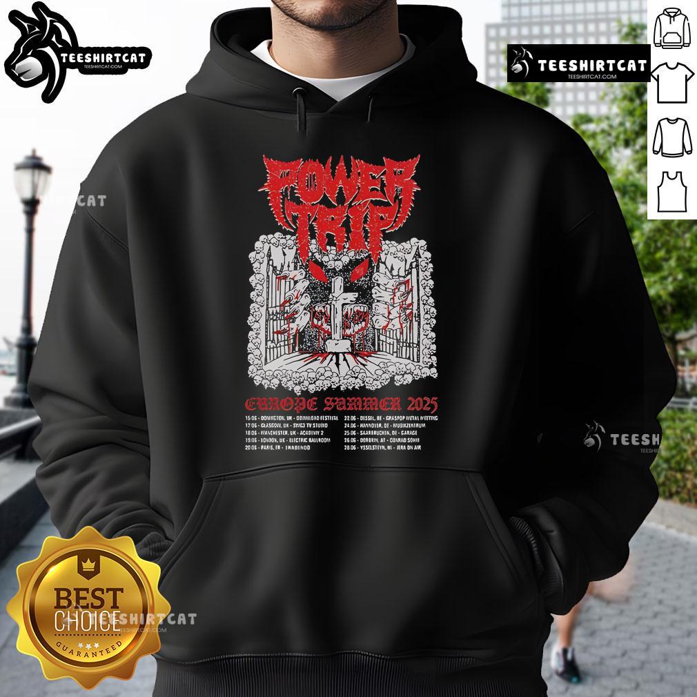 Alt Text: Official Power Trip Europe Summer 2025 Tour Dates Hoodie featuring tour dates and vibrant design for fans.