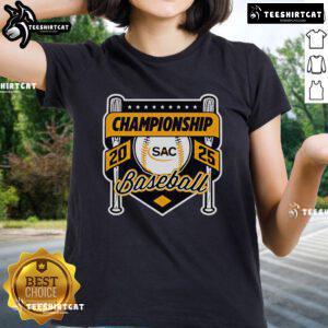 2025 Official SAC Baseball Championship Ladies Tee featuring vibrant team colors and logo design, perfect for fans.