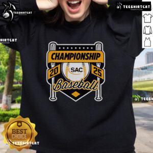 Official SAC Baseball Championship 2025 sweatshirt featuring team logo and vibrant colors for fans and players.
