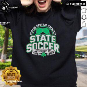 Alt Text: Shamrock Girls Soccer 2025 sweatshirt featuring SCOTUS Central Catholic colors and logo, perfect for fans and players.