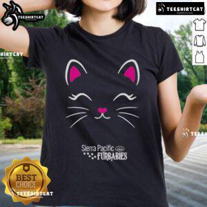 Happy kitty design on Official Sierra Pacific Furbabies Ladies Tee, perfect for cat lovers and comfortable casual wear.