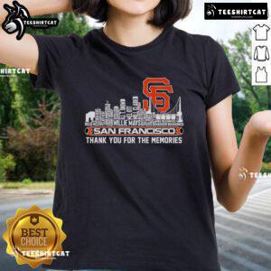 San Francisco Giants official skyline ladies tee featuring 'Thank You For The Memories' design in vibrant colors.