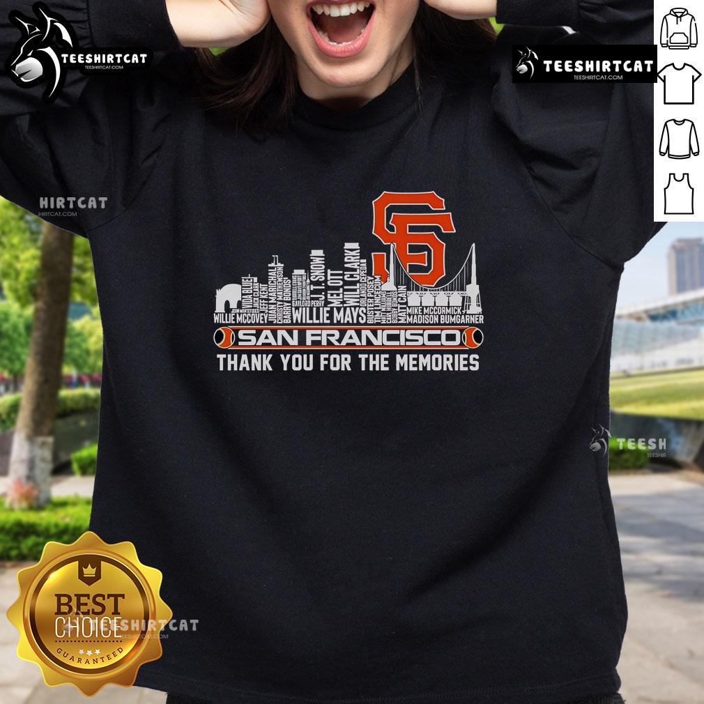 San Francisco Giants sweatshirt featuring 'Thank You For The Memories' and skyline design, perfect for fans.
