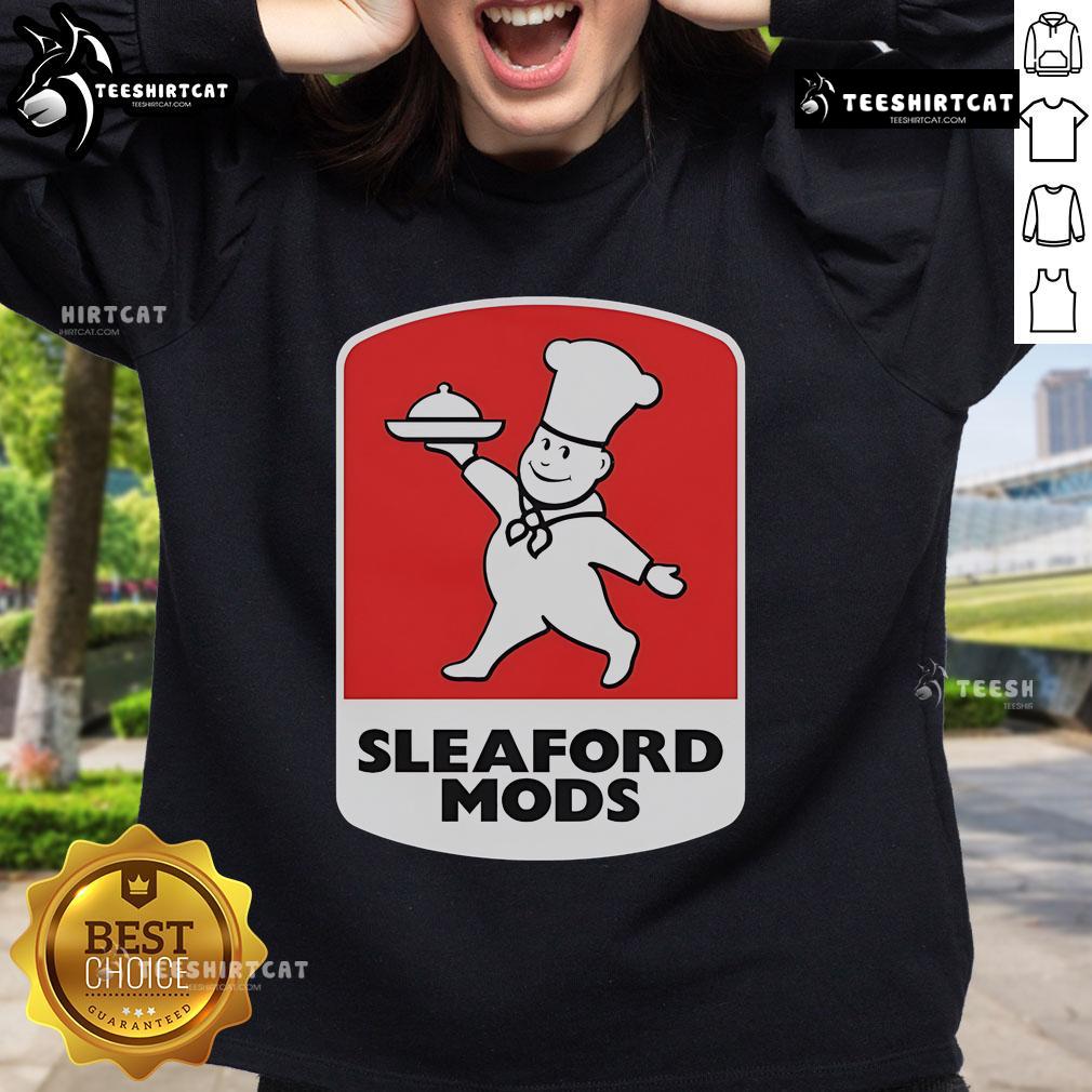 Official Sleaford Mods Little Chef Sweatshirt featuring a bold graphic design, perfect for fans of the band and streetwear.