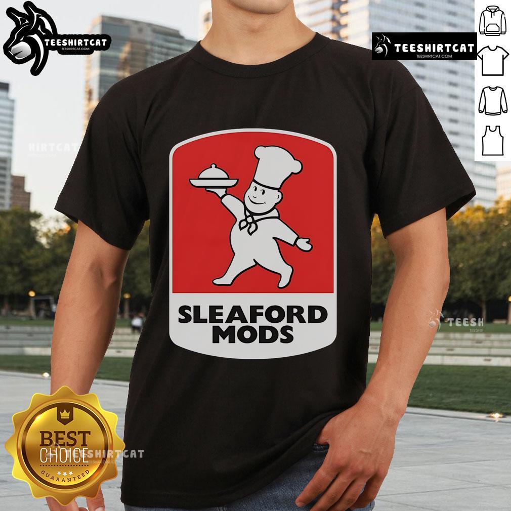 Official Sleaford Mods Little Chef T-Shirt featuring iconic design in black and white, perfect for music fans and collectors.