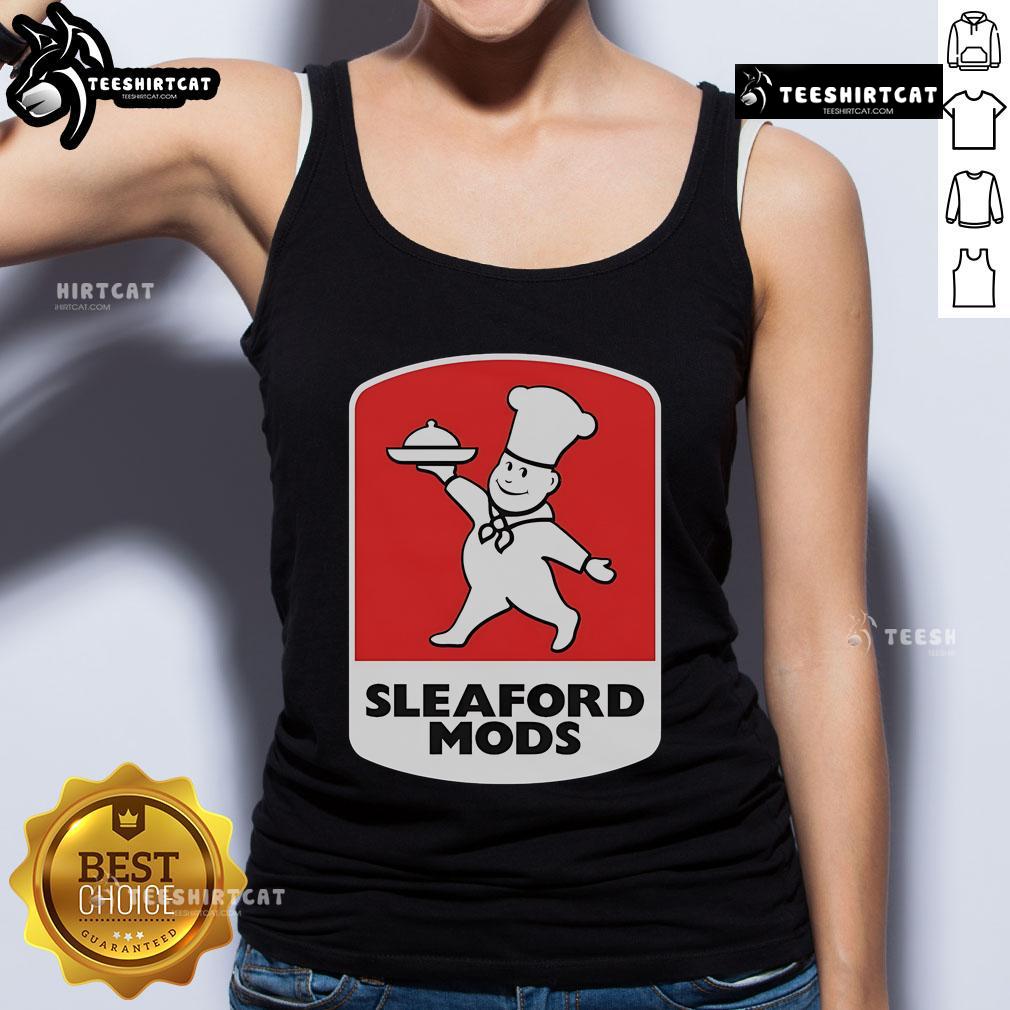 Official Sleaford Mods Little Chef tank top featuring bold graphics and a relaxed fit, perfect for fans of the band.