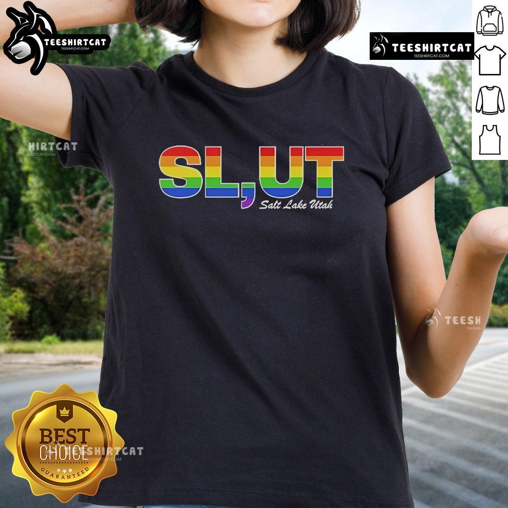 Official Slut Salt Lake Utah LGBT Pride Ladies Tee featuring vibrant colors and bold design for pride celebrations.