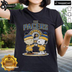 Official Snoopy and Charlie Brown Peanuts fan tee for ladies featuring Indiana Pacers logo and vibrant graphic design.